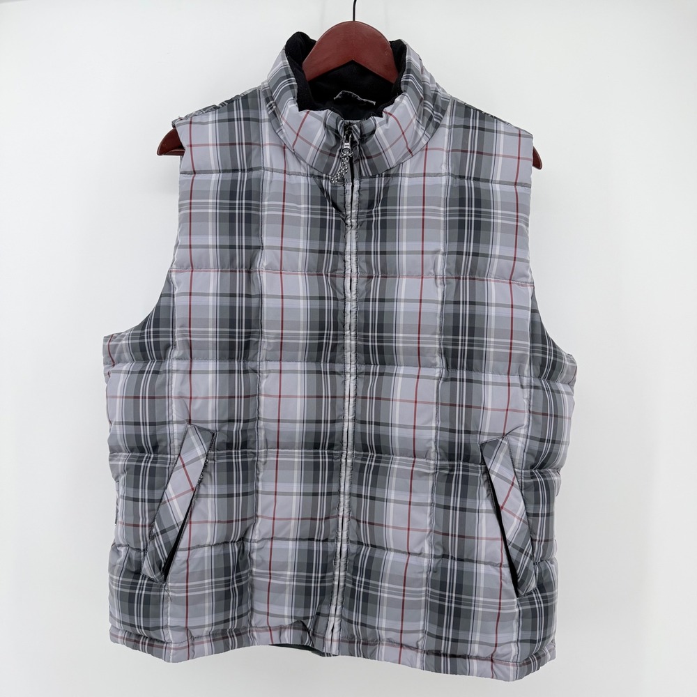 Eddie Bauer Large WeatherEdge Goose Down Puffer Vest Gray Plaid Tartan Outfitter